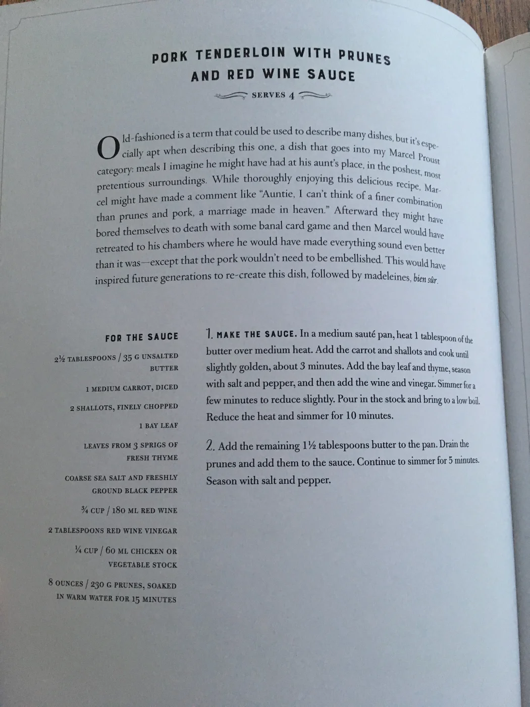 A recipe page from Tender at the Bone by Ruth Reichl — Pork Tenderloin with Prunes and Red Wine Sauce