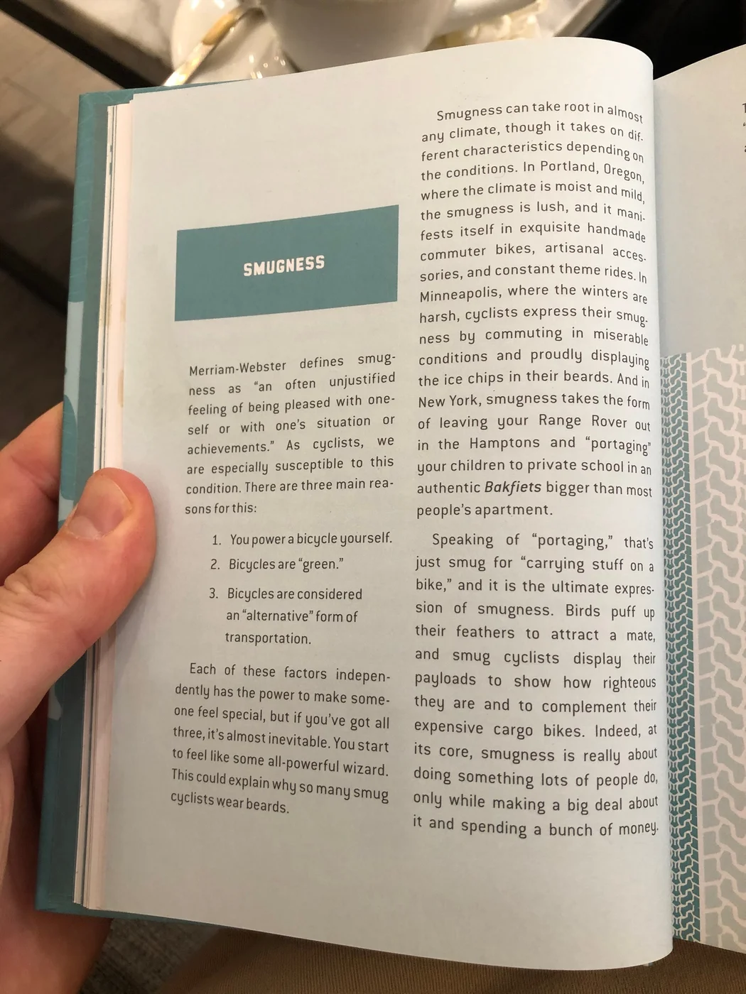 A page from The Enlightened Cyclist by Eben Weiss, on the chapter Smugness
