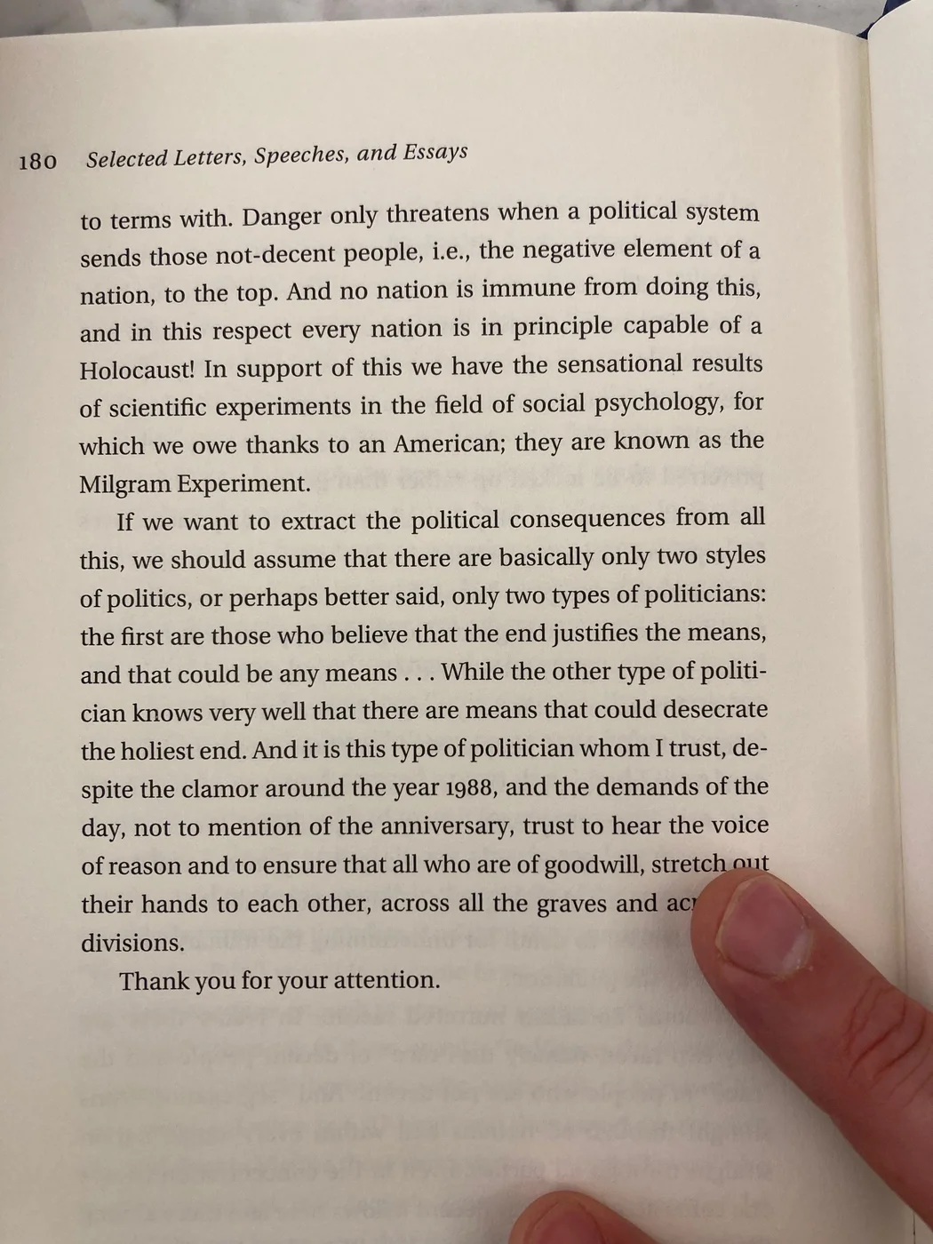A book page on the Milgram Experiment and two types of politicians