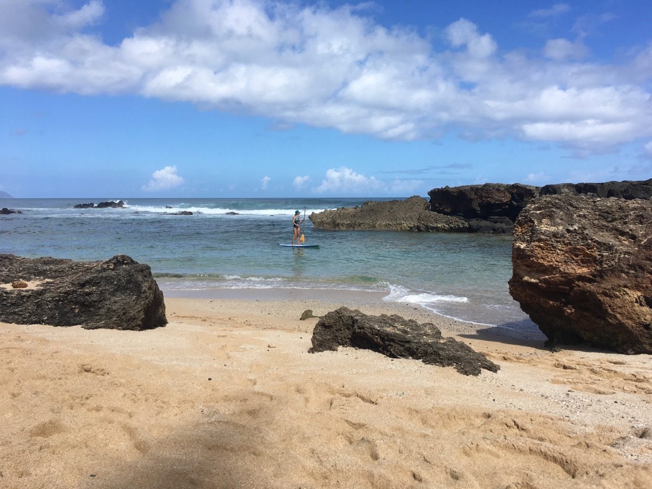 A paddle boarder, comes in from a surf - Gators, Haleiwa