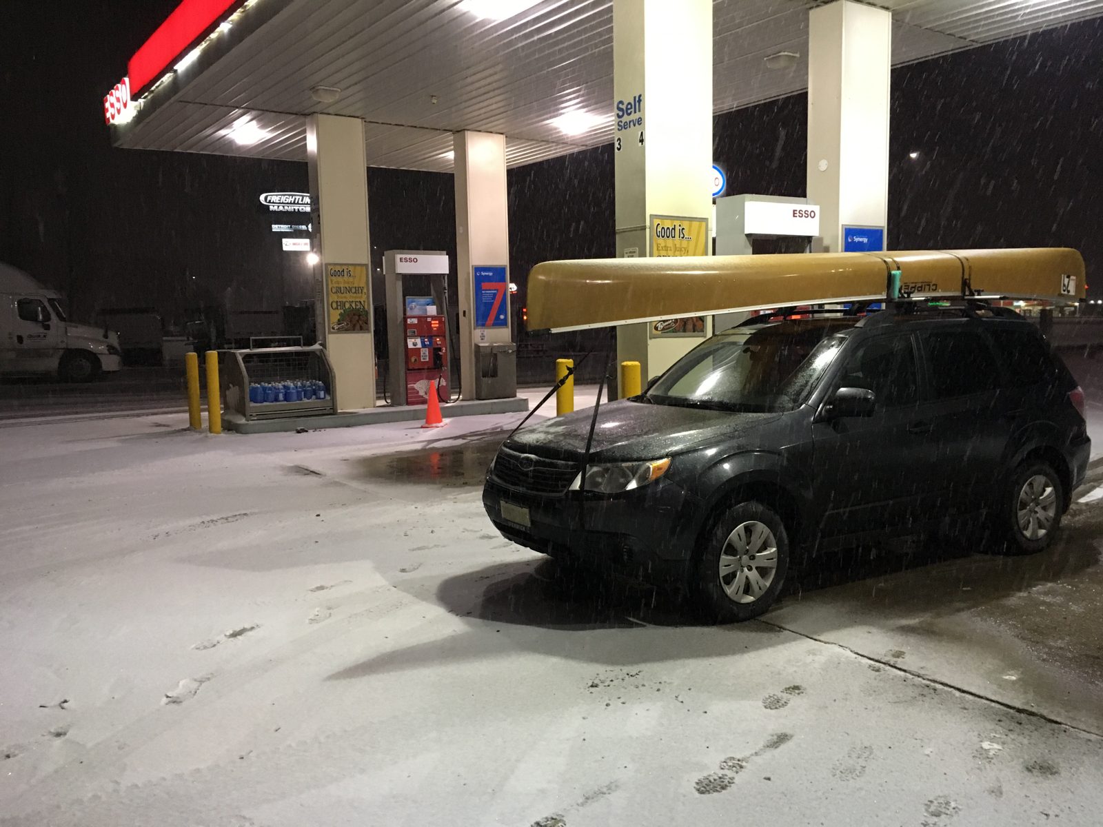 Snowstorm setting in while driving overnight through Manitoba