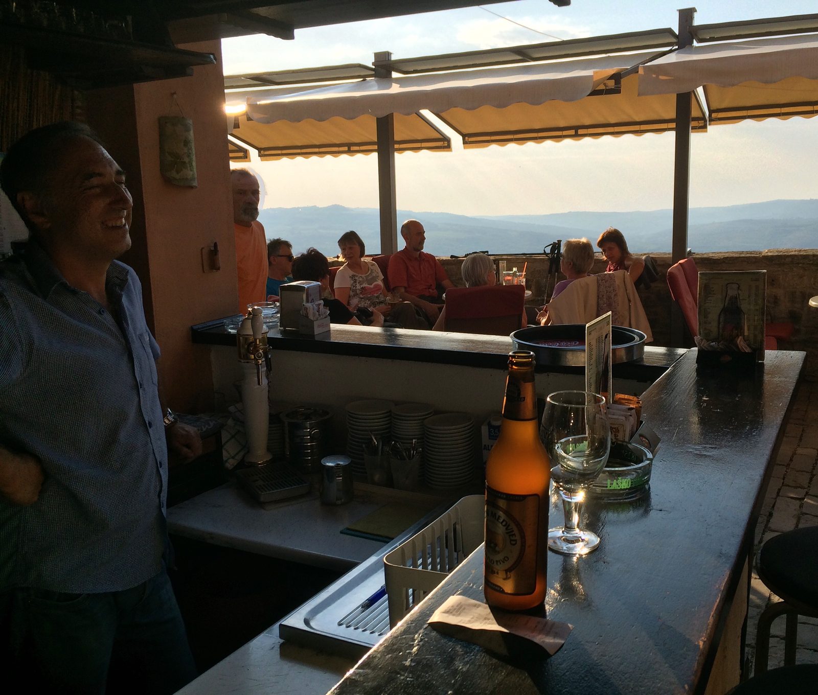 A tiny bar in Motovun where revellers could sip a drink in the sun overlooking the surrounding countryside